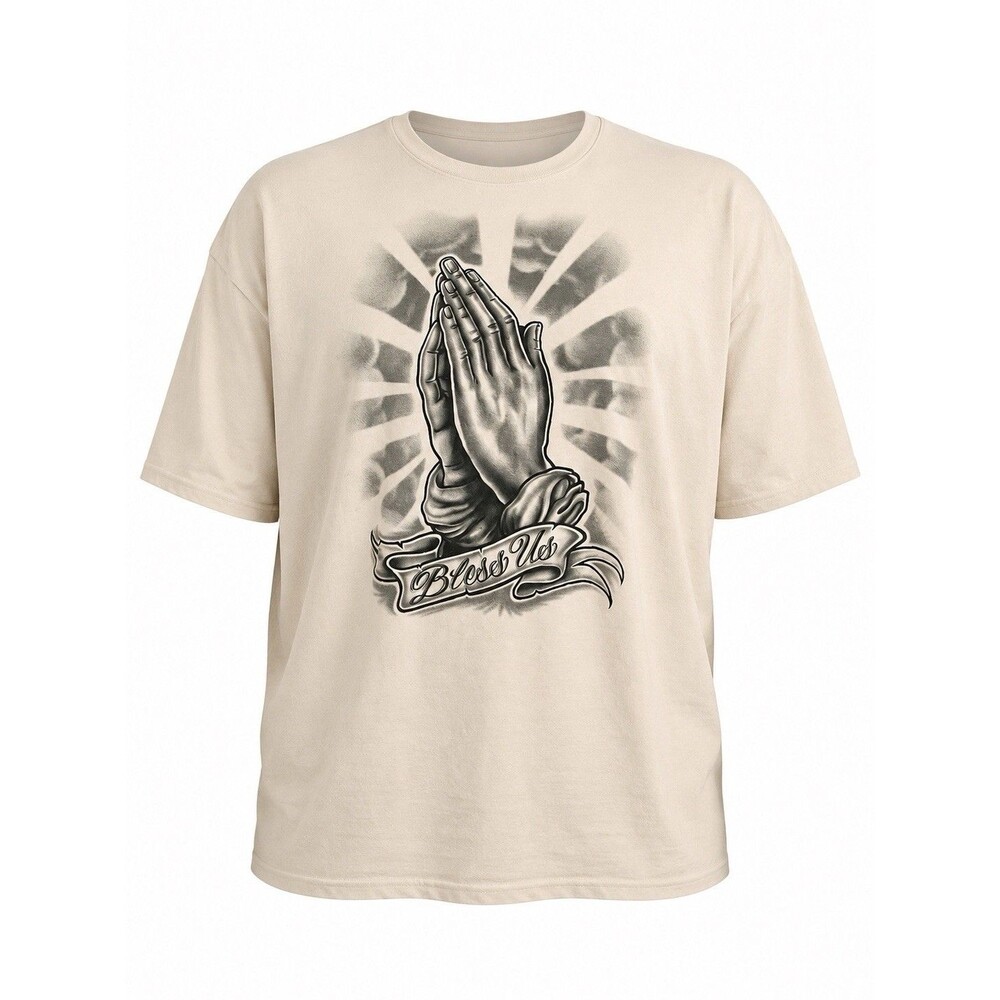 DOM Praying Hands Bless Us Graphic T Shirt Men’s 3XL Beige Christian Streetwear